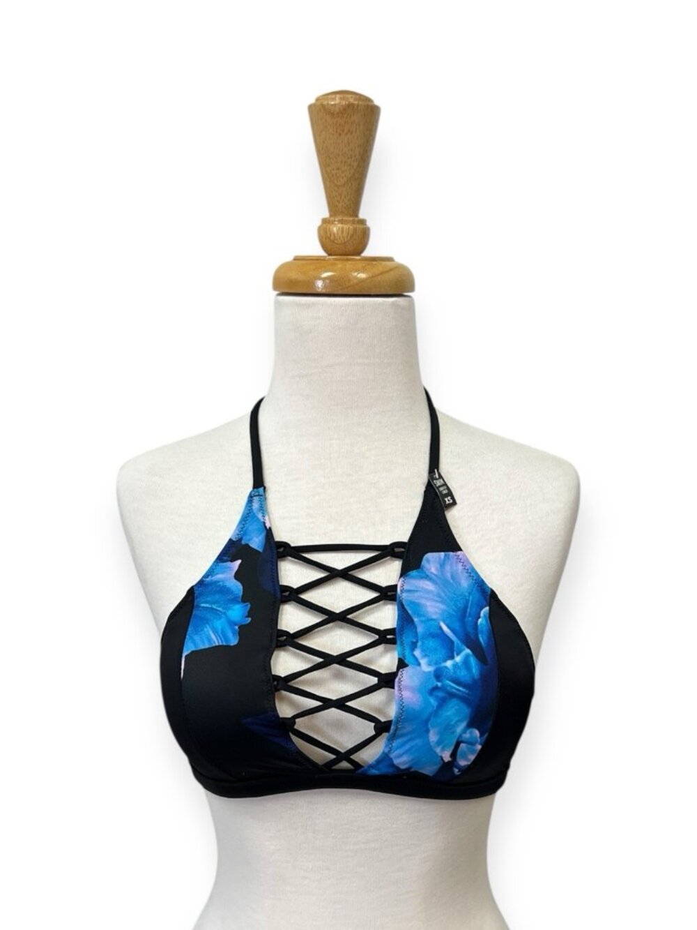 Victorias Secret VS Pink Lace Up Front Bikini Top Size Xs Black and Blue